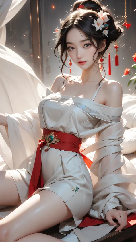 (masterpiece, best quality:1.2), 1 girl, Solitary, ((Bare shoulders, The skirt is short)), Random scenes, Random shooting angles, Sexy models，Slender sexy legs，Very good legs，Show sexy legs，Big breasts, Large Breasts，beautymystery的色彩。脸庞beauty而精致，Otherworld...