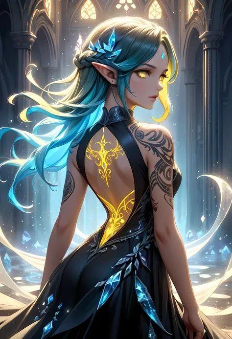 modisn disney, Arafed, Dark fantasy art, fantasy art, goth art, a picture of a tattoo on the back of a female elf, of ((glowing: 1.3)) elven magical runes, intricate detailed coming to life, GlowingRunesAI_yellow, shoot taken from the back, ((the back is ...