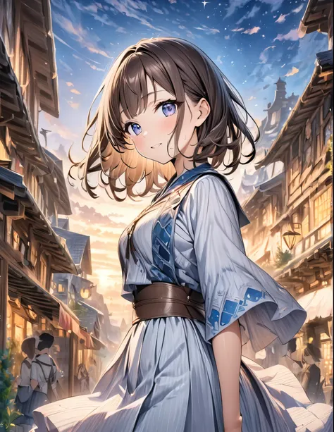 ((style:Colored pencil,pale colour))、(anime)、(masterpiece:1.2),atmospheric perspective,lens flare、National costume of fantasy world、girl、Sparkling、cute、Brown Hair、art background