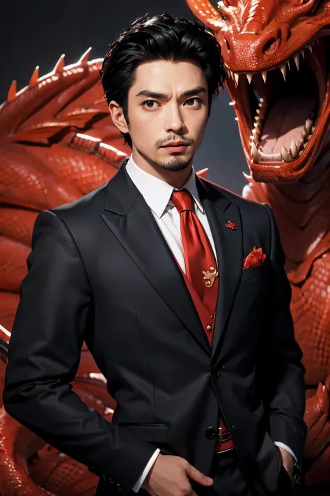 anime man in a suit and tie with a dragon in the background, dragon - inspired suit, by yang j, human and dragon fusion, handsom...