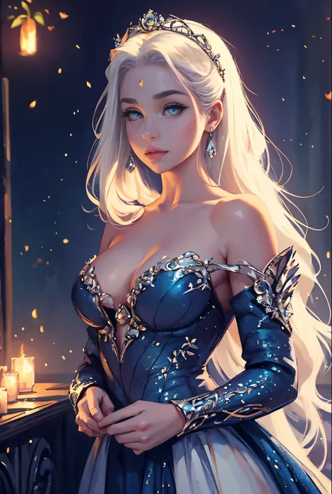 Princess Targaryen, gardens, fireflies, magical, looks like Lauren Jerman, graceful, flowing white hair, in a 16th century dress studded with diamonds on fabric with open shoulders, large breasts, beautiful indigo eyes, delicate face, waist-high, hd