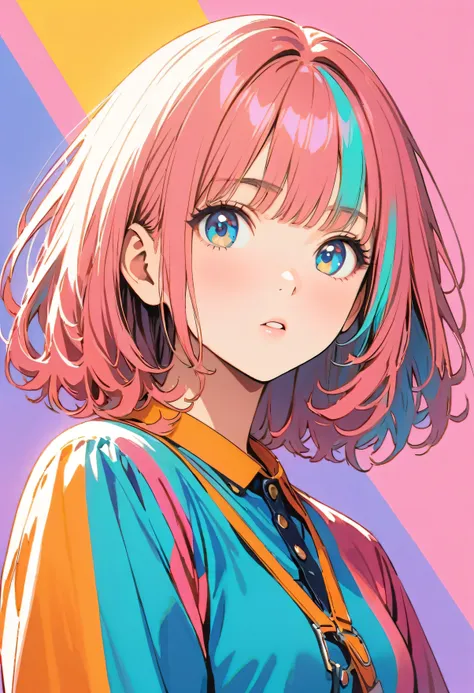 (highest quality:1.2, City Pop Style, Very detailed, up to date, Vibrant, High Contrast, masterpiece:1.2, highest quality, Best aesthetics), girl, ((Face Up Shot:1.4)), Colorful Hair, Bobcut, pastel colour, 1980s style, ((Retro, Vintage, Solid color backgr...