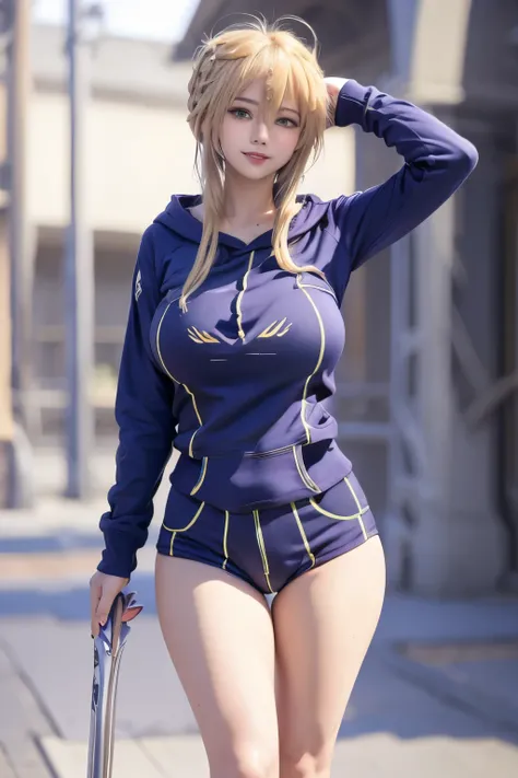 masterpiece, highest quality, Artoria Lancer, Braiding, Huge breasts, Purple hoodie, Are standing, null, Cityscape,, Show Viewer, smile,Dolphin Shorts