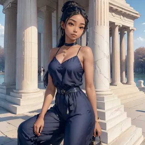 *attire:** maya is wearing a modern yet elegant navy blue jumpsuit with a statement belt, paired with stylish heels and delicate...