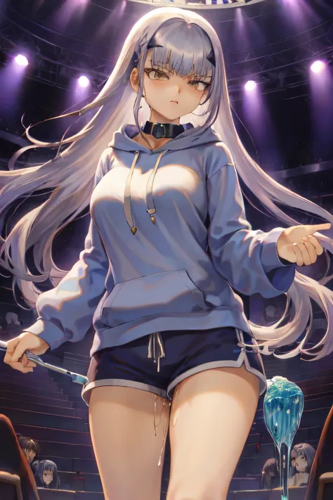 masterpiece, highest quality, (One girl, Braiding, Large Breasts, Blue hoodie, Are standing, View Audience,Dolphin Shorts,),mashuu,mashuustyle,Melusine, (Brown eyes:1.5), Long Hair, ((Gray Hair)), Side Lock,((Pussy juice)),((Slave Collar))