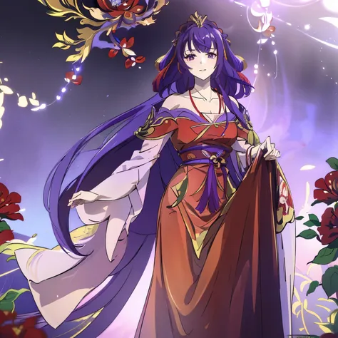 best quality at best, ultra-high resolution, (((1 girl))), (long purple hair), (violet eyes), (((( red chinese wedding clothes))...