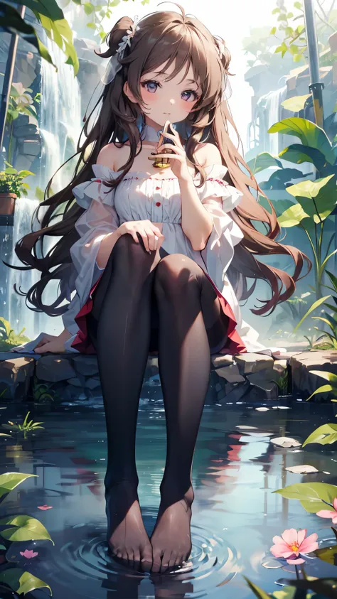 (extremely delicate and beautiful:1.5),1 girl, sitting in water， foot washing，pantyhose，no shoes，trumpet