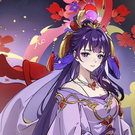 Best quality at best, Ultra-high resolution, (((1 girl))), (Long purple hair), (violet eyes), (((( Red Chinese wedding clothes)))), (((Red Flowers necklace around her neck))), (Ultra Long Skirt), Weddings,  Smile,  Hanfu, Yarn, Flowing light yarn, jewelry,...