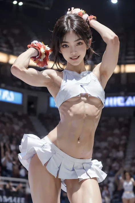 (((One very small breasted 18 year old Japanese female cheerleader:1.3,Cheerleaders in multi-colored, super tight, super mini outfits made of thin fabric with line designs:1.2))), ((highest quality, 8k, masterpiece: 1.3)), Sharp and clear focus: 1.2,(A sim...