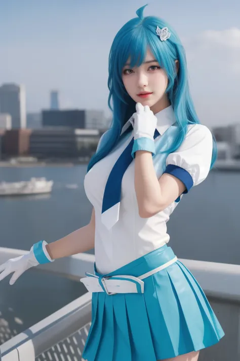 super detailed,very detailed,Best quality,masterpiece,illustration,realistic,photorealistic, 22 nannies, bile suit, 1 Girl, cosplay, One, blue hair, long hair, hair ornament, ahoge, hair ribbon, collared white shirt, puffy short sleeves, tie, white belt wi...