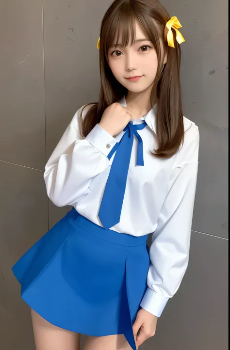 (masterpiece, highest quality, highest quality, Beautiful and beautiful), One girl, 14 years old, alone, Very detailed, Supreme detail, 8k photos, Realistic, Haruhi_srf, White long sleeve shirt with blue collar, Blue Skirt, Red tie, Yellow ribbon, pretty g...