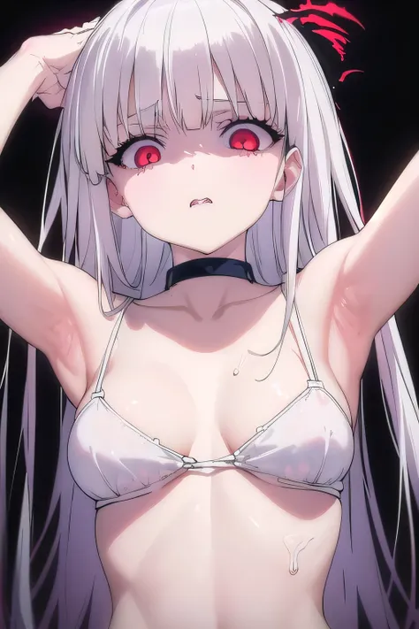 masterpiece, best quality, ultra-high-detailed, Disgusted face, white hair, red eyes, sigtuna julie , small breast, looking to viewer, deep eyes,  glare eyes, croptop, bare shoulder, focus to face, black background, upper body , cleavage, sweated a lot, Ar...