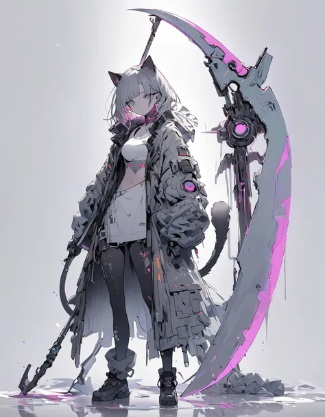 detailed silhouette of a cyberpunk girl with cat ears and a tail, wearing a flowing, tattered coat, holding a huge scythe that i...