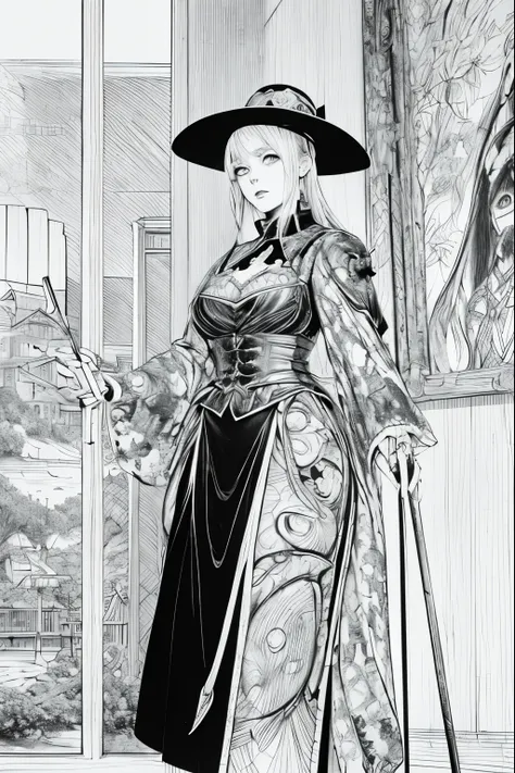 A painting of a costumed woman holding a hat and a walking stick, Manga drawn by Junpei Sato, Pixiv, Gothic art, pencil and Ink Manga, Beautiful line art, Pencil and ink cartoon, Shirow Masamuneスタイル, Shirow Masamune, Ink Manga, Very detailed fan art, Compl...