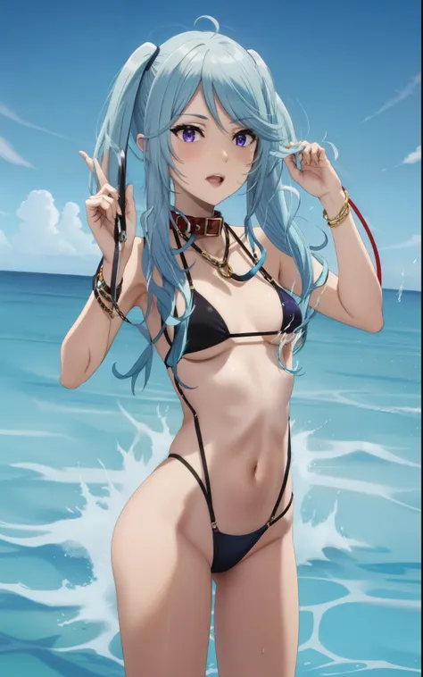 1girl, twintails, purple eyes, long hair, blue hair,swimsuit,collar,leash
