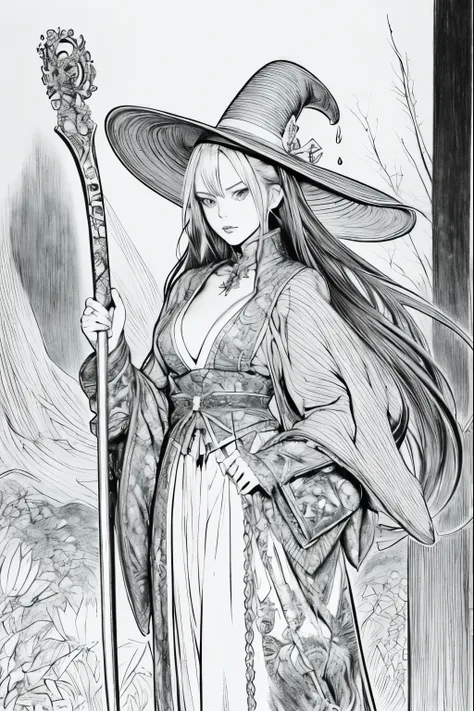 A painting of a costumed woman holding a hat and a walking stick, Manga drawn by Junpei Sato, Pixiv, Gothic art, pencil and Ink Manga, Beautiful line art, Pencil and ink cartoon, Shirow Masamuneスタイル, Shirow Masamune, Ink Manga, Very detailed fan art, Compl...