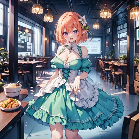 Love game opening, {{{One Girl}}}, Elf Ears, Beautiful detailed girl, Game CG, Spring flower, 1 outer curl, Short Bob Hair, Pastel orange hair, Purple eyes,Stylish accessories solo, breast enhancement, Medium Shoot, woman, Take-out, Laughter, huge ,,Checke...