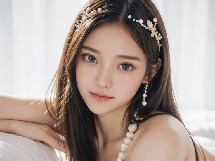 ((masterpiece)),high quality,Ultra-detailed,braided blonde hair+blue attire:1.2,Sweet and delicate girl,exquisite facial features,perfect body，There are bubbles forming around me.,The colors are bright and cheerful.,pearl white background,romantic long hai...