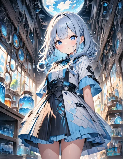 ((style:Colored pencil,pale colour))、(anime)、(masterpiece:1.2),atmospheric perspective,lens flare、Fantasy worldview、(Alchemist Girl)、A room in the laboratory、cute、(Otherworldly clothing)、Blue Eyes