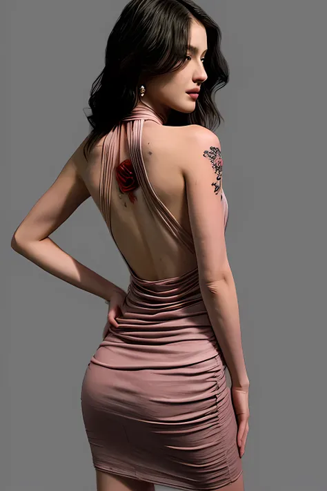 Womans back view in a halter neck dress has a single rose tattooed on her back