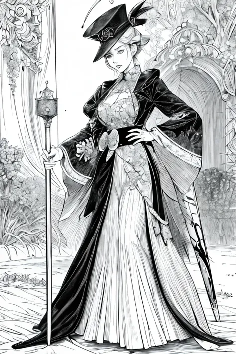 A painting of a costumed woman holding a hat and a walking stick, Manga drawn by Junpei Sato, Pixiv, Gothic art, pencil and Ink Manga, Beautiful line art, Pencil and ink cartoon, Shirow Masamuneスタイル, Shirow Masamune, Ink Manga, Very detailed fan art, Compl...