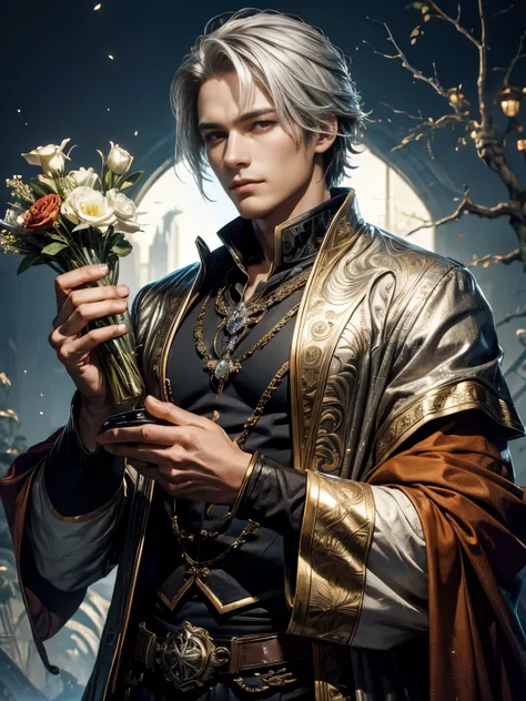 ((highest quality)),Detailed Description,Beautiful Face,Young western man,Flowers in both hands,Asahi,Silver Hair