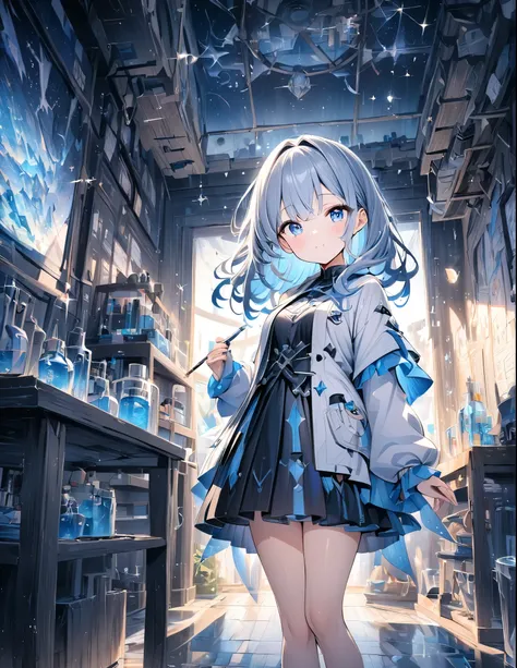 ((style:Colored pencil,pale colour))、(anime)、(masterpiece:1.2),atmospheric perspective,lens flare、Fantasy worldview、(Alchemist Girl)、A room in the laboratory、cute、(Otherworldly clothing)、Blue Eyes、Sparkle Effect