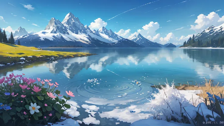 summer:1.3, grassland, A few small flowers, Clear lake, Blue sky, HD details, Wet watermark, Ultra Detail, Movie, Soft Light, Deep field focus bokeh, The vista is snow-capped mountains:0.9, and Surrealism. --v6, Surrealism, Ray tracing