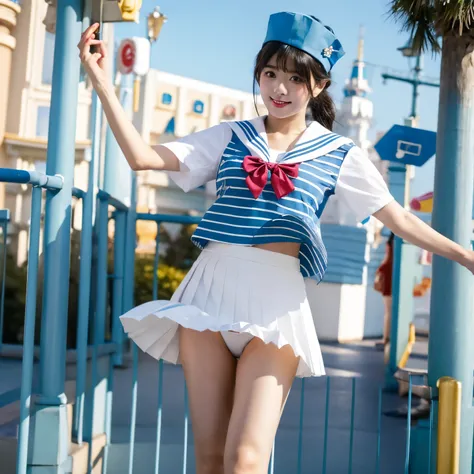 (tokyo disney resort dancer open thighs),make up,Donald Duck style hat,White and light blue horizontal striped panties,Blue Sailor Short Sleeve,White pleated skirt,Red ribbon tie,shoot from below,