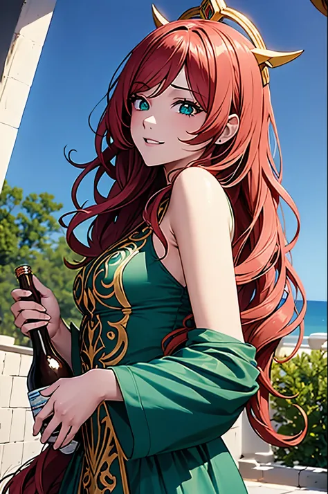 1girl, milf, ill slim, light crimson hair, green virbant eyes, cunning eyes, tired eyes, tired face, open turqoise dress color of the sea, curly hair, long hair, hair spread out, cloud hair, hairpin, sparkling eyes,grin, holding a bottle of liquor, Art Nou...