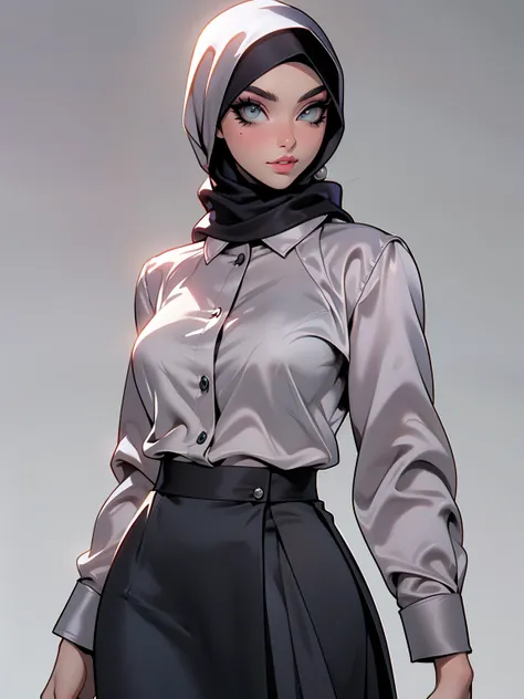 (Masterpiece, best quality) detailed, character sheet, ((a woman, beautifully makeup, eyeshadow, beautiful big eyes, long eye lashes, wearing (Taupe satin hijab), ((gray satin shirt)), satin long maxi skirt)), photography, detailed skin, realistic, photo-r...