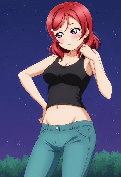 Masterpiece, best quality,solo, nishikino maki,red hair ,purple eyes, cowboy shot , medium breasts, love live style, tank top, oversize pants, standing ,in streat, night, bored, embarrassed, looking away 