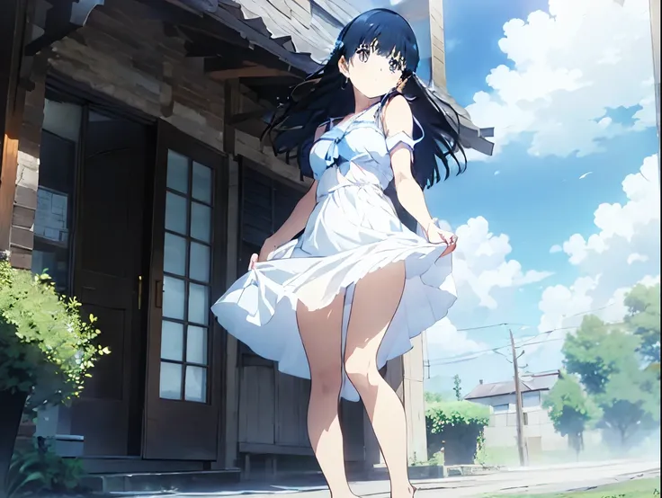 Beautiful breasts、A cute blue bra that is visible through a long white dress shirt、Without skirt、Cute underwear in blue、Bare feet and sandals、Standing posture、Coast, cumulonimbus clouds and blue sky