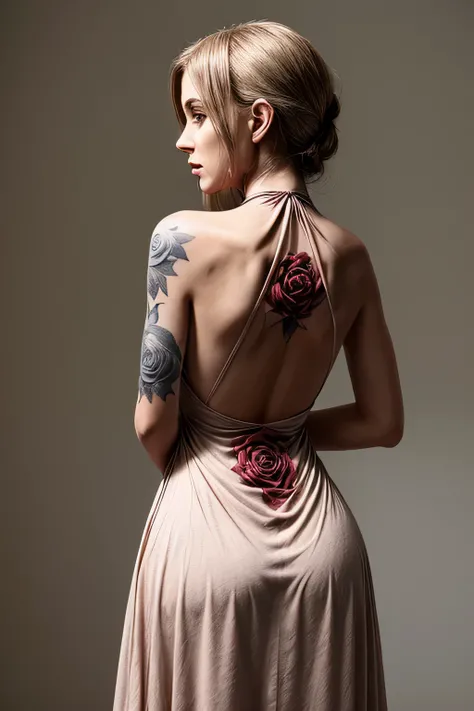 Womans back view in a halter neck dress has a single rose tattooed on her back