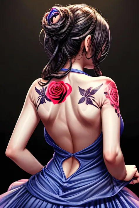 Womans back view in a halter neck dress has a single rose tattooed on her back