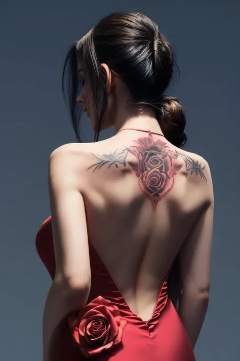 Womans back view in a halter neck dress has a single rose tattooed on her back