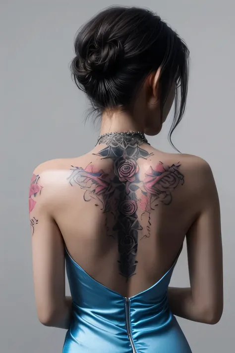 Womans back view in a halter neck dress has a single rose tattooed on her back