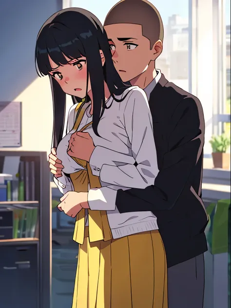 1boy buzzcut, white sleeves, hug from behind, buzzcut boy caressing girls body, breast groping, 1girl, bangs, black hair, brown eyes, worried eyes, open mouth, twisted half up, long hair, hair ribbon, yellow cardigan, medium breast, gray long skirt, indoor...