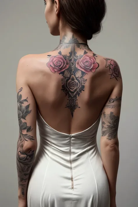 Womans back view in a halter neck dress has a single rose tattooed on her back