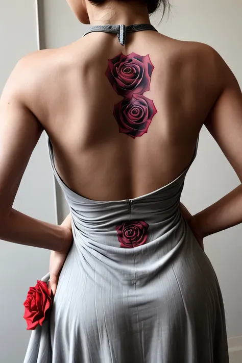 Womans back view in a halter neck dress has a single rose tattooed on her back