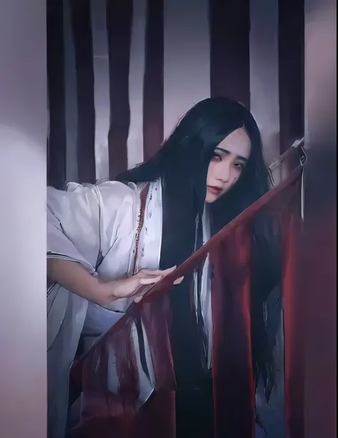 arabian woman in white robe holding red curtains, portrait of sadako from the ring, realistic cosplay, japanese gothic, anime co...