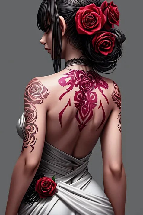 woman's back view in a halter neck dress has a single rose tattooed on her back