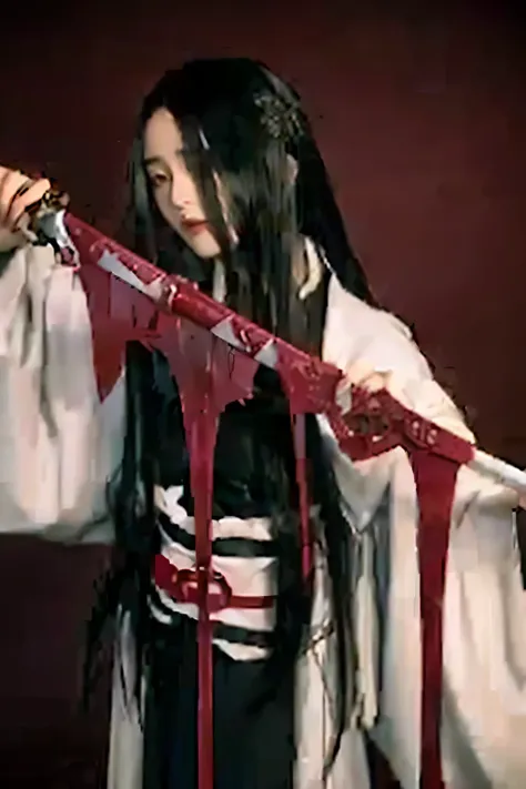 arabian woman in white robes holding a red sword, she has a sword, japanese horror, portrait of sadako from the ring, grim reape...