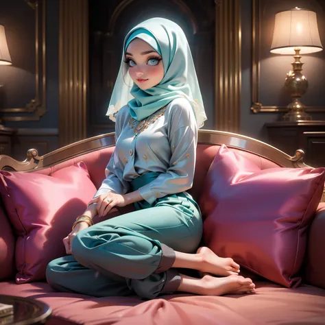 ((Masterpiece, best quality, photography, detailed skin, realistic, photo-realistic, 8k, highly detailed, full length frame, High detail RAW color art, diffused soft lighting, shallow depth of field, sharp focus, hyperrealism, cinematic lighting, hijab, a ...