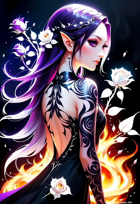 arafed, dark fantasy art, fantasy art, goth art, a picture of a tattoo on the back of a female elf, a glowing tattoo of a ((whit...