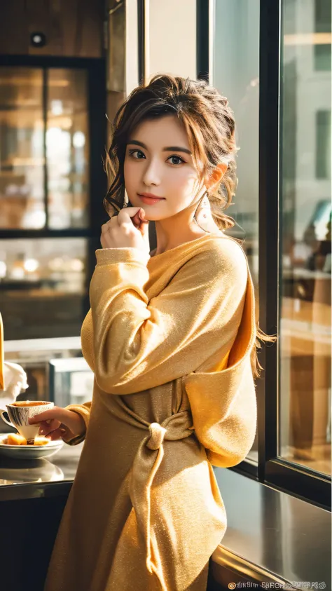 super high quality, thin, Counter in the back, (8k、RAW Photos、highest quality、masterpiece:1.2), Stylish cafe, Fashion Magazine photoshoot, (Realistic、Realistic:1.37), Beautiful Face , Urban Cafe, Golden Ratio, RAW Photos,  Blurred Background, curl, Spring ...