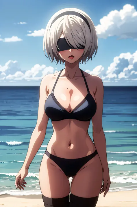 2B, 1girl, solo, short hair, thighhighs, cleavage, large breasts, standing, cowboy shot, white hair, hairband, thigh boots, cleavage, black hairband, mole under mouth, bare shoulders, cleavage, black bra, big breasts, large breasts, hard nipples, clavicle,...