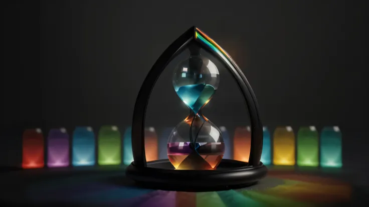 a single Hourglass, isolated, colorful, multicolor, rainbow on a dark gray background, 