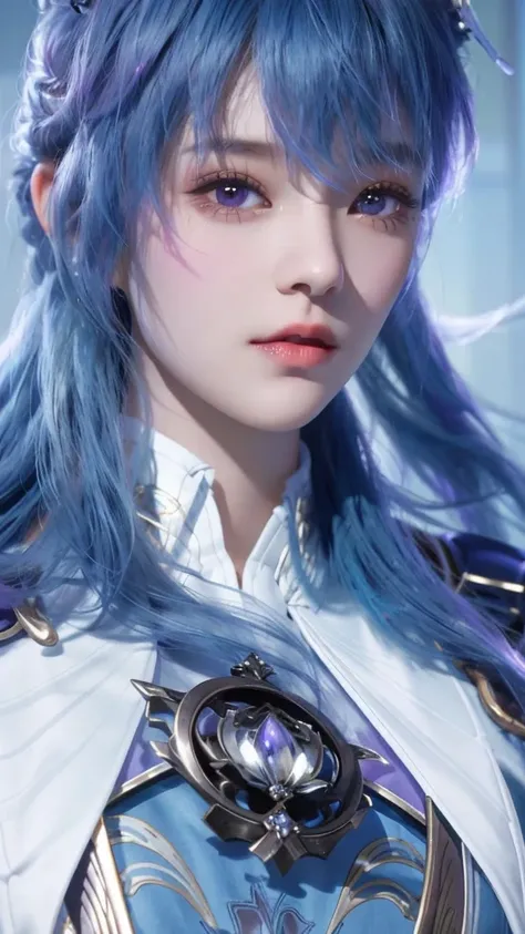 Close up of a woman with blue hair and purple shirt, Superb beauty，（（short detailed hair）），Portrait Chevaliers du Zodiaque Fille, zhongli from genshin impact, Keqing from Genshin Impact, Yun Ling, inspired by Leng Mei, Beautiful character painting, uma lin...