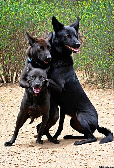 Canino de tres cabezas, chacal, xoloitzcuintle y lobo, pelaje color negro compartiendo el mismo cuerpo 